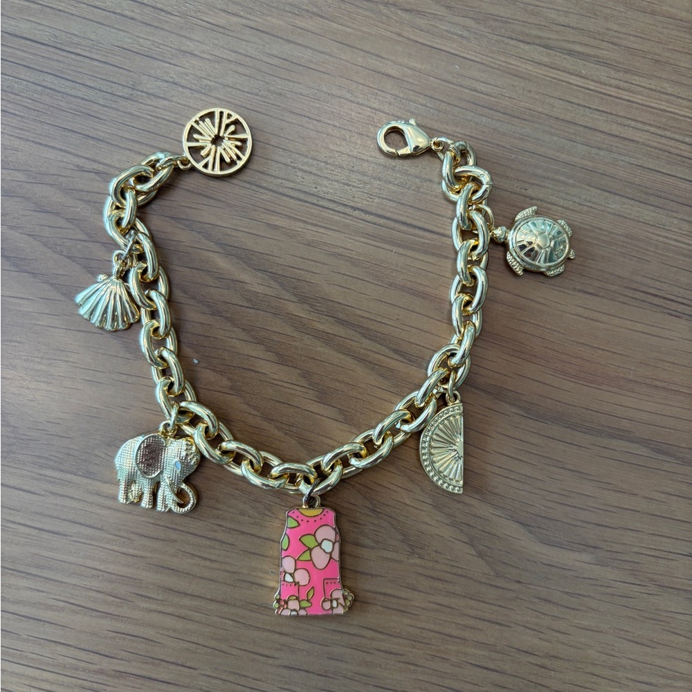 Lilly Pulitzer Gold Charm Bracelet with Pink Floral Dress Enamel Charm